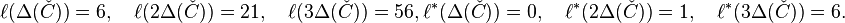 
\ell(\Delta(\check C) ) =6,\quad \ell(2\Delta(\check C) ) =21,\quad \ell(3\Delta(\check C) ) =56,
\ell^*(\Delta(\check C) ) =0,\quad \ell^*(2\Delta(\check C) ) =1,
\quad \ell^*(3\Delta(\check C) ) =6.
