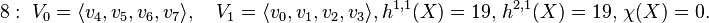 
8:\; V_0=\langle v_4, v_5, v_6, v_7 \rangle,\quad V_1=\langle v_0,
v_1, v_2, v_3 \rangle,  h^{1,1}(X) = 19,\, h^{2,1}(X) = 19,\,
\chi(X) = 0.
