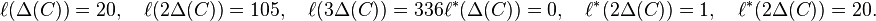 
\ell(\Delta(C) ) =20,\quad \ell(2\Delta(C) ) =105,\quad \ell(3\Delta(C) ) =336
\ell^*(\Delta(C) ) =0,\quad \ell^*(2\Delta(C) ) =1,\quad \ell^*(2\Delta(C) ) =20.
